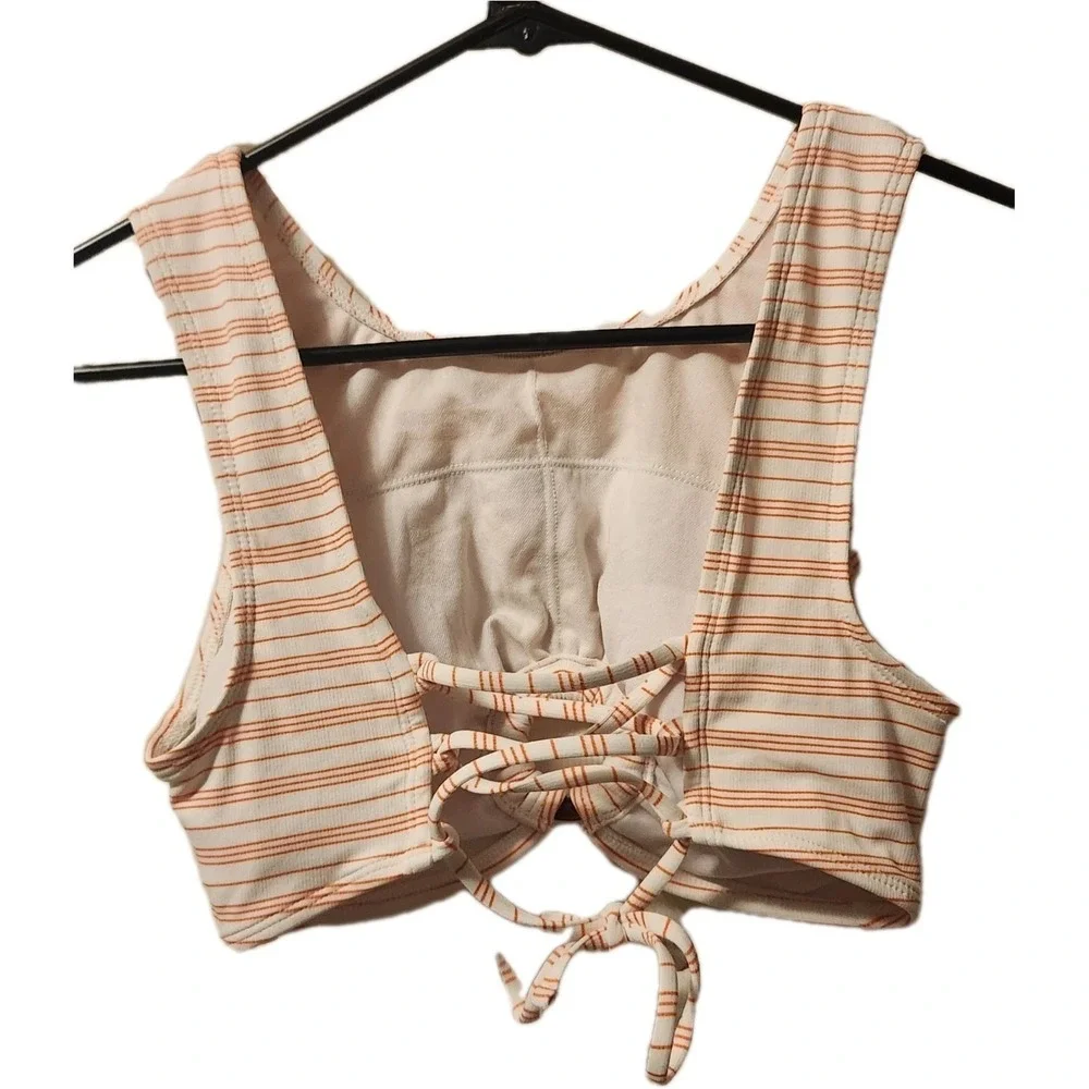 Exhilaration White & Orange Striped Swim Top W/ Keyhole And Lace-up Back, M - Picture 2 of 3